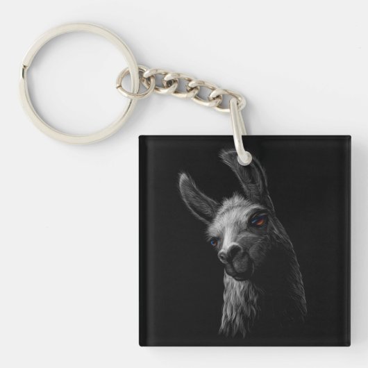 Portret Head Cute Llama met een zwarte achtergrond Sleutelhanger (voorkant)