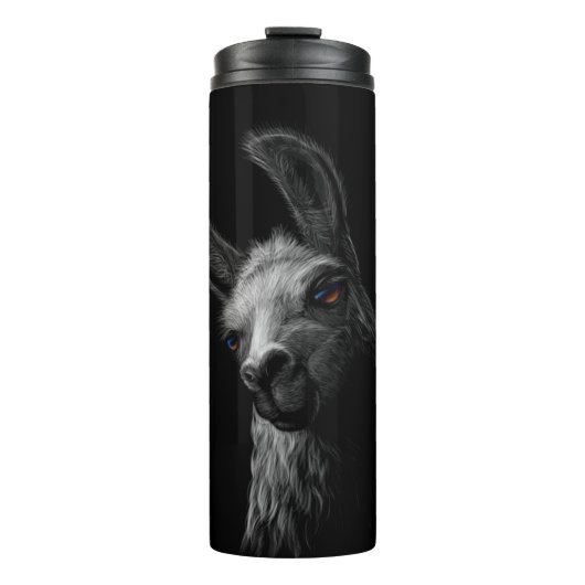 Portret Head Cute Llama met een zwarte achtergrond Thermosbeker (Voorkant)