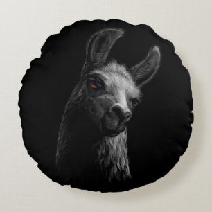 Portret Head Cute Llama met zwarte achtergrond Rond Kussen