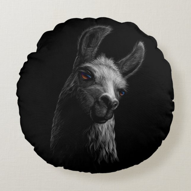 Portret Head Cute Llama met zwarte achtergrond Rond Kussen (Voorkant)