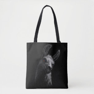 Portret Head Cute Llama met zwarte achtergrond Tote Bag