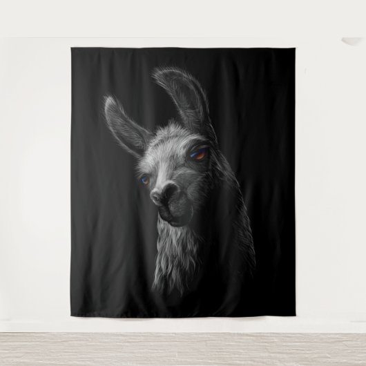 Portret Head Cute Llama met zwarte achtergrond Wandkleed (Voorkant)