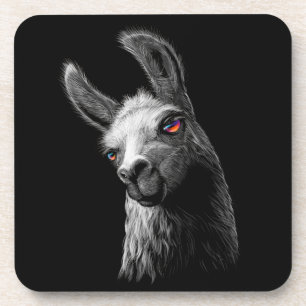 Portret Head Cute Llama op zwarte achtergrond Bier Onderzetter