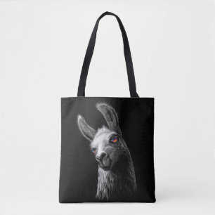 Portret Head Cute Llama op zwarte achtergrond Tote Bag