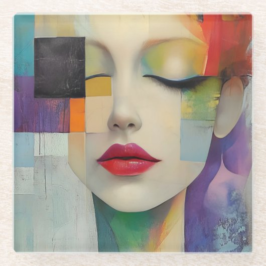 Portret in kleurenblok Surrealisme Glazen Onderzetter (Voorkant)