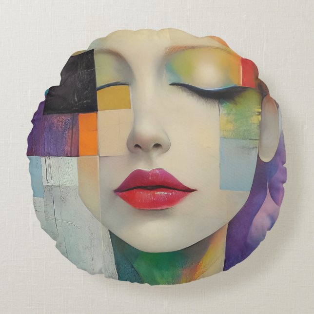 Portret in kleurenblok Surrealisme Rond Kussen (Voorkant)