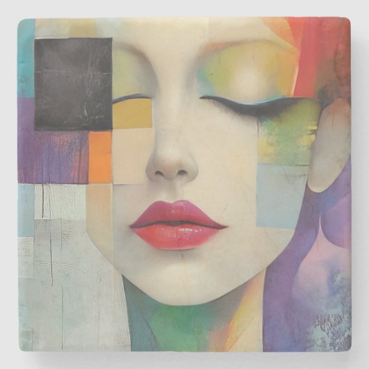 Portret in kleurenblok Surrealisme Stenen Onderzetter (Voorkant)