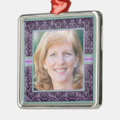 Portret moeder in Elegant Paars Damask Foto Metalen Ornament (Links)
