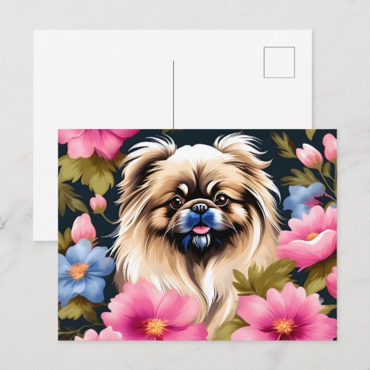 Portret Pekingese en bloemen Briefkaart (Voorkant / Achterkant)