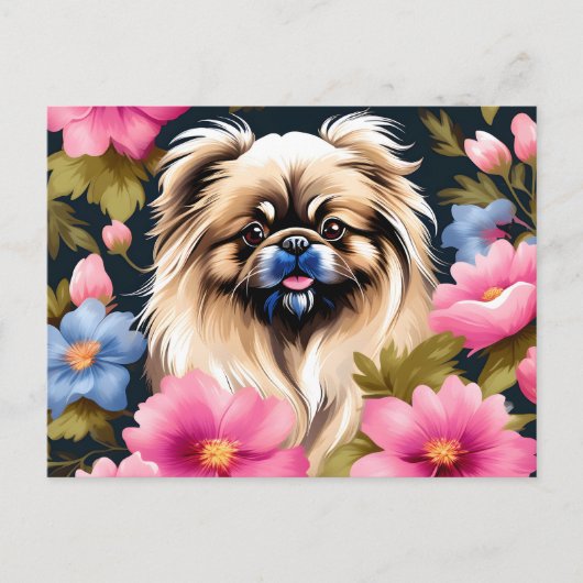Portret Pekingese en bloemen Briefkaart (Voorkant)