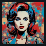 Portret pop art retro perfect poster<br><div class="desc">Dit portret is een digitaal kunstwerk in popart stijl, met een vrouwelijk portret met een retro-kapsel. Het werk heeft levendige, contrastkleuren, voornamelijk rood, blauw en zwart, tegen een abstracte achtergrond met cirkelvormige gekleurde vormen. De stijl is een voorbeeld van de glamoureuze illustraties uit de jaren 50-60 met een eigentijdse tint....</div>