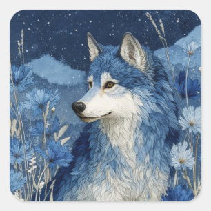 Portret van Blauwe Wolf onder sterrenhemel Vierkante Sticker