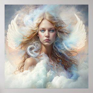 Portret van blonde engel met witte vleugels en wol poster