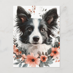 Portret van Border Collie met bloemenkader Briefkaart