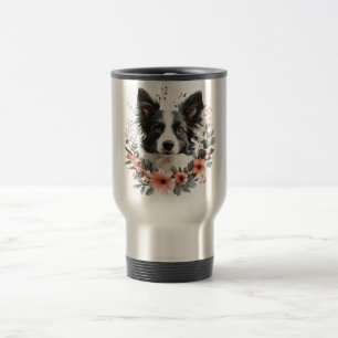 Portret van Border Collie met bloemenkader Reisbeker