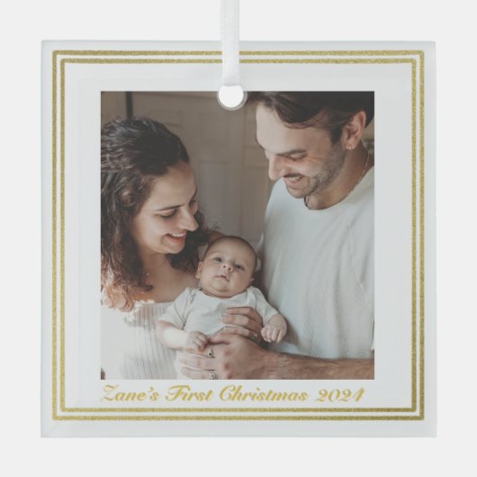 Portret van de eerste kerstdag van de moderne fami glas ornament (Voorkant)
