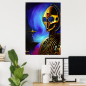 Portret van een coole gouden robot | AI Art. Poster (Thuiskantoor)