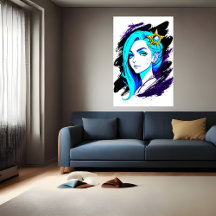 Portret van een jonge dame blauw haar | AI Art