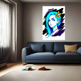 Portret van een jonge dame blauw haar | AI Art Poster