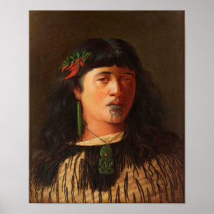 "Portret van een jonge Maori-vrouw met Moko" Poster