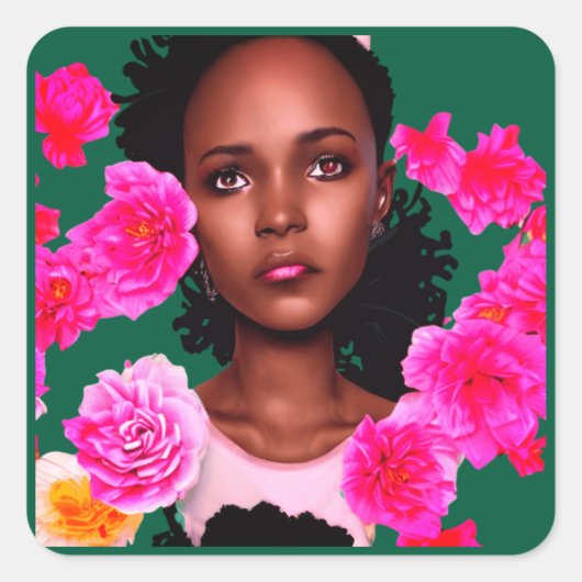 Portret van een jonge vrouw omringd door bloemen vierkante sticker (Voorkant)