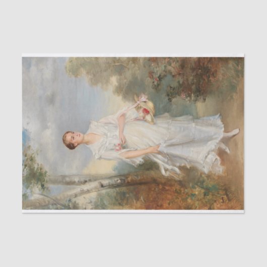 Portret van een jongedame met een mand bloemen tissuepapier (Voorkant)