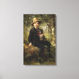 Portret van een jongen met hond in een bos (Knaus) Canvas Afdruk