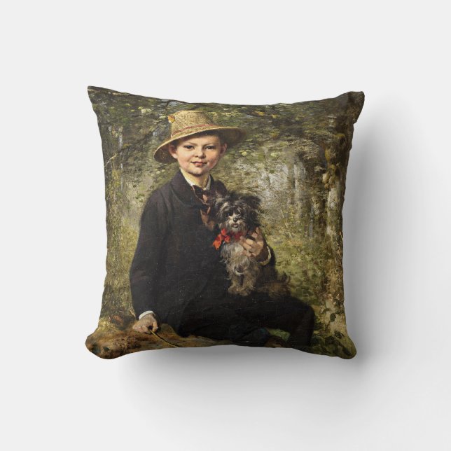 Portret van een jongen met hond in een bos (Knaus) Kussen (Voorkant)