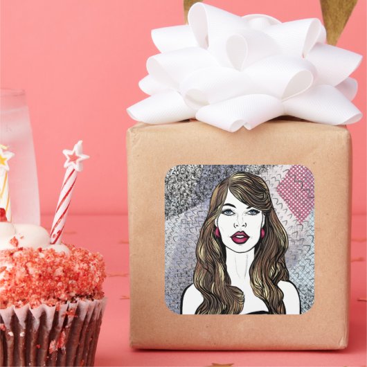 portret van een meisje met lang bruin haar vierkante sticker (Feest)