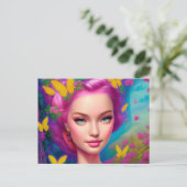 Portret van een mooie vrouw met fel roze briefkaart (Staand voorkant)