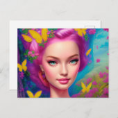 Portret van een mooie vrouw met fel roze briefkaart (Voorkant / Achterkant)