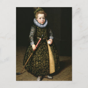 Portret van een vierjarige jongen met club en briefkaart