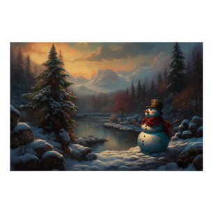 Portret van een Vriendelijke Sneeuwman Kerstsnee Perfect Poster