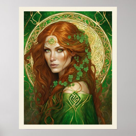 Portret van een vrouw in Shamrock Groen Keltisch G Poster (Voorkant)