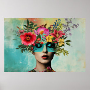 Portret van een vrouw met bloemen in vintage stijl poster