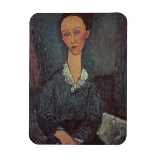 Portret van een vrouw met een witte kraag (olie op magneet