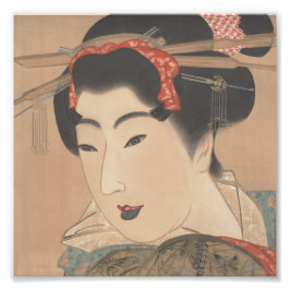 Portret van een vrouw met witte waaier – Oud Japan Foto Afdruk