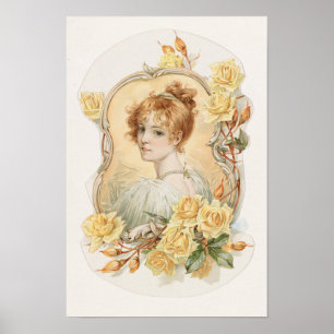 Portret van een vrouw omlijst met gele rozen poster