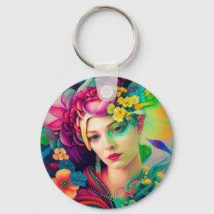 Portret van een vrouw versierd met bloemen sleutelhanger