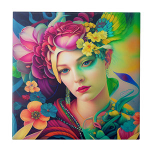 Portret van een vrouw versierd met bloemen tegeltje