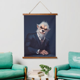 Portret van een weerwolf in een pak hangend wandkleed