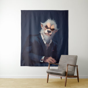 Portret van een weerwolf in een pak wandkleed