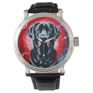 Portret van een zwarte Labrador in een kosmische r Horloge