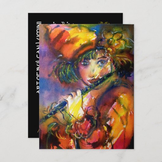 PORTRET VAN FLUITIST Venetiaanse Maskerade Muziek Uitnodiging Briefkaart (Voorkant / Achterkant)