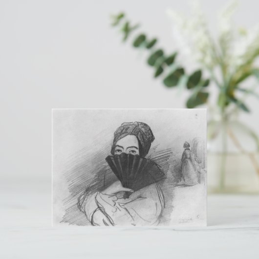 Portret van George Sand achter haar fan Briefkaart (Staand voorkant)