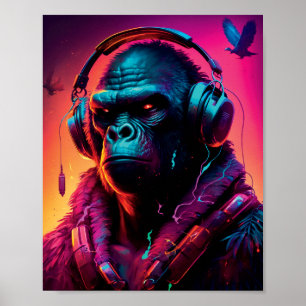 Portret van Gorilla met een hoofdtelefoon Poster
