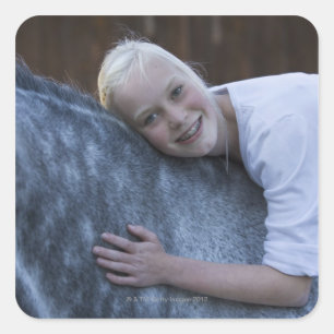 portret van het jonge meisje op het witte paard vierkante sticker