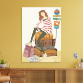 Portret van jonge vrouw die op een koffer zit canvas afdruk (Insitu (Woonkamer))