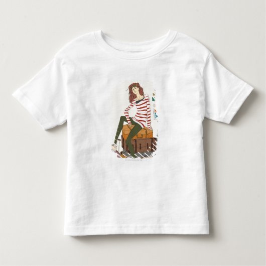 Portret van jonge vrouw die op een koffer zit kinder shirts (Voorkant)