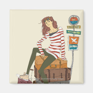 Portret van jonge vrouw die op een koffer zit magneet